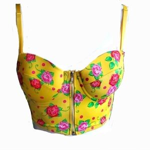 Never Naked Zip Up Yellow Floral Boho Corset Bra Size 34C